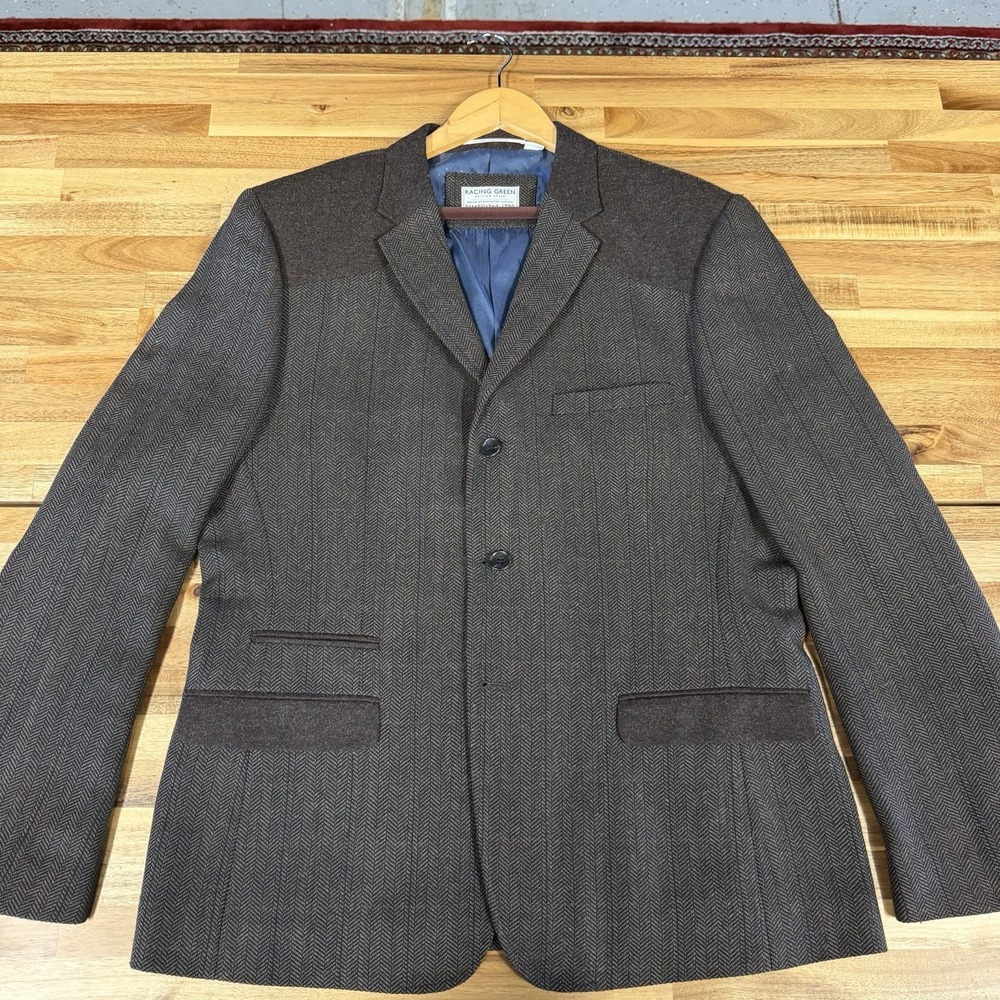 Racing Green Blazer Mens 44R Brown Herringbone Wool Blend Tweed Sport Coat